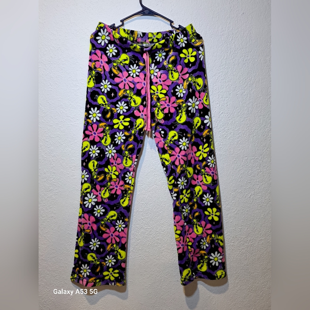 Looney Tunes Pink and Yellow Floral Pajama Bottoms Polar Fleece